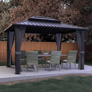 12 ft. W x 10 ft. D Hardtop Gazebo Aluminum Double Roof Metal Gazebo with Curtain and Netting