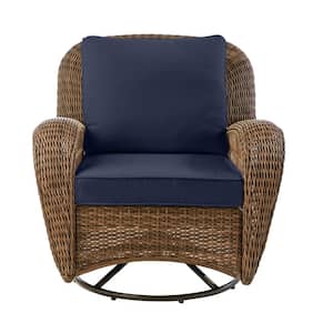 Beacon Park Brown Wicker Outdoor Patio Swivel Lounge Chair with CushionGuard Midnight Navy Blue Cushions