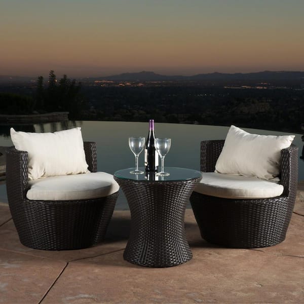 Kono Brown 3-Piece Faux Rattan Outdoor Patio Conversation Set with Beige Cushions