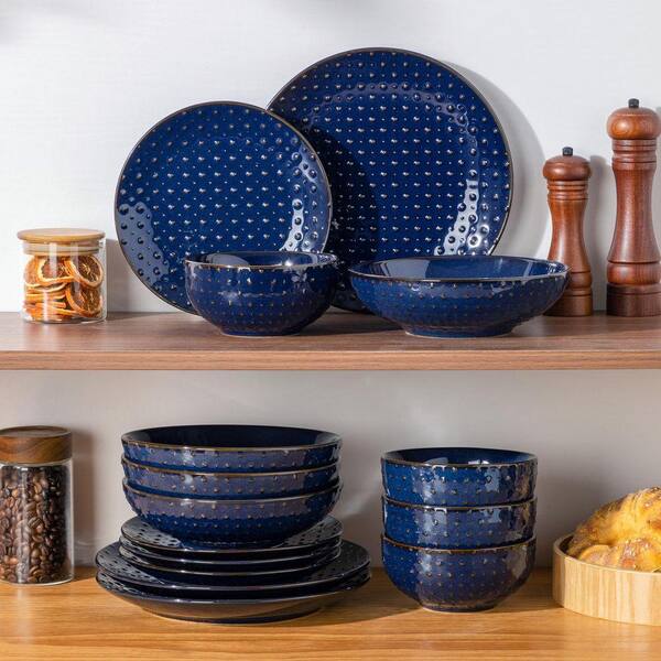 MALACASA 16-Piece Blue Stoneware Dinnerware Set (Service for 4
