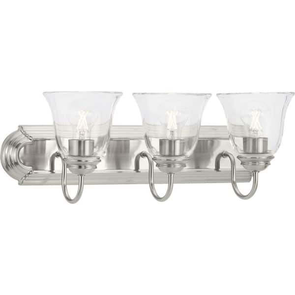Progress Lighting Clear Glass 24 in. 3-Light Brushed Nickel Transitional Vanity Light with Clear Glass for Bathroom