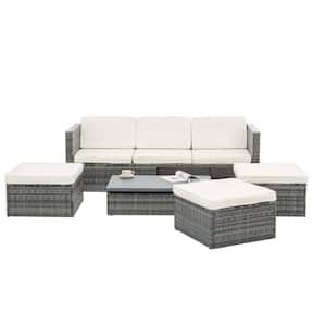 5-Piece Dark Gray Wicker Patio Conversation Set with Beige Cushions, Lift Top Coffee Table