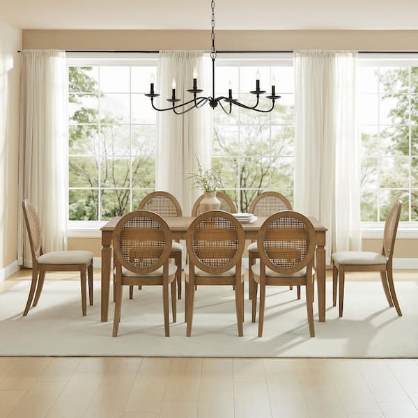 Katia Driftwood 9-PC Dining Table Set Cane-Back Upholstered Chairs
