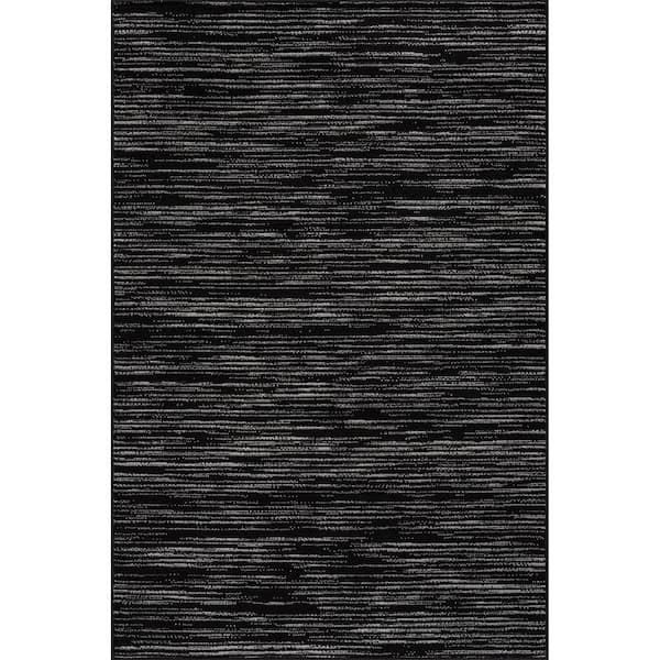 Linea Black 8 ft. x 10 ft. Rubber Back Washable Modern Striped Indoor Outdoor Patio Area Rug
