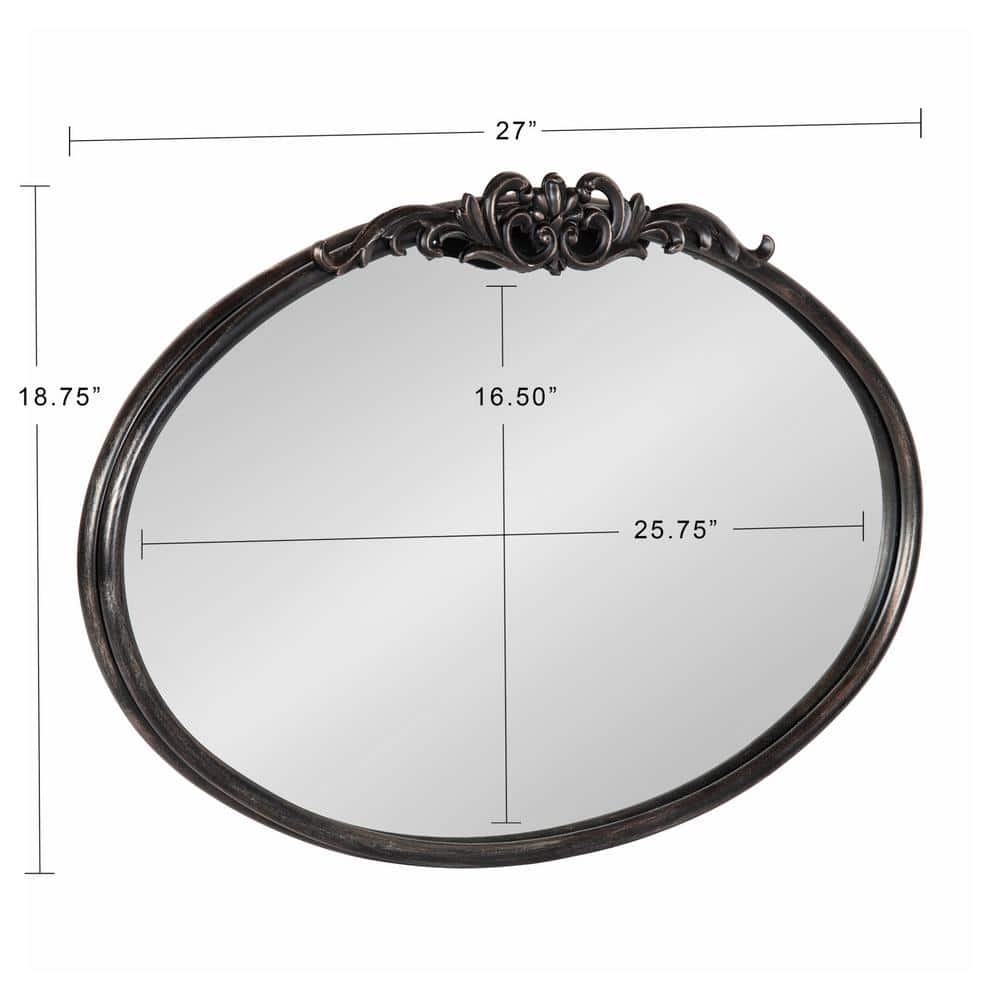 Black Oval Wood Wall Mirror with Intricate Overlay