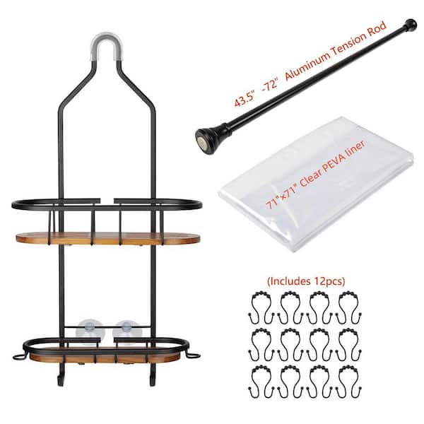 Tia Rustproof Teak Overhead Shower Caddy with 2-Shelves, 20.5 in. Matt Black finish