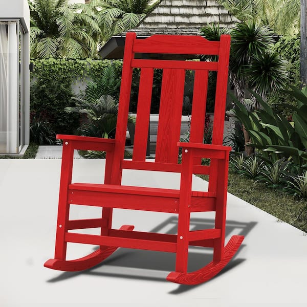 JEAREY Bright Red Gray HDPE Plastic Adirondack Chair Outdoor Rocking Chair for Patio and Garden (1-Pack)