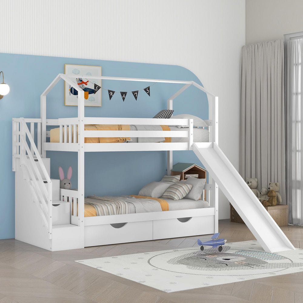 URTR White Twin Bunk Beds with Slide, Twin Over Twin House Bunk Bed ...