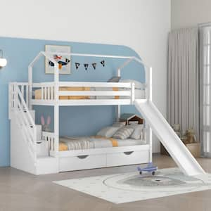 White Twin Bunk Beds with Slide, Twin Over Twin House Bunk Bed with Stairs and Storage Drawers, Wood Bunk Bed with Roof