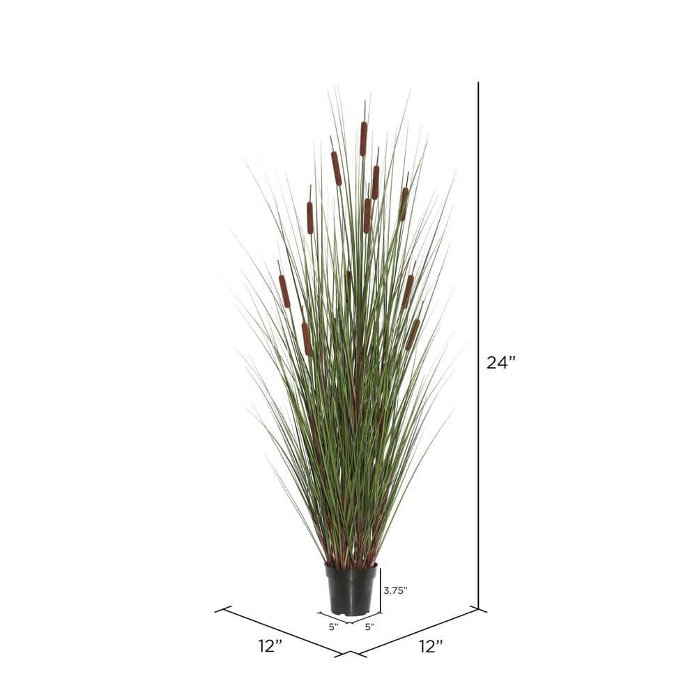 24" Green Plastic Potted Grass with Brown Cattails