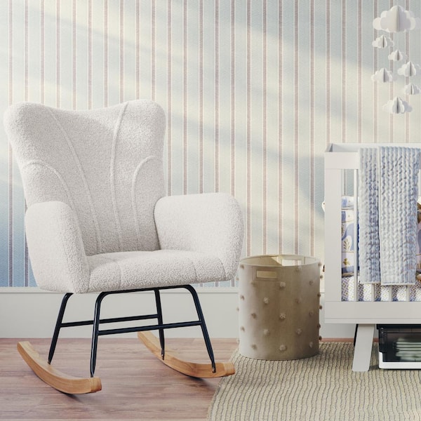 37 in. Teddy Fabric Upholstered Rocking Chair with Padded Seat and Contoured Armrests, Ergonomic Modern Rocker, Cream
