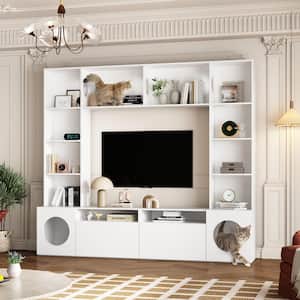 Large Cat Litter Box Enclosure Storage Cabinet with Cat tree, Wood Entertainment Center TV Console with Open Shelves