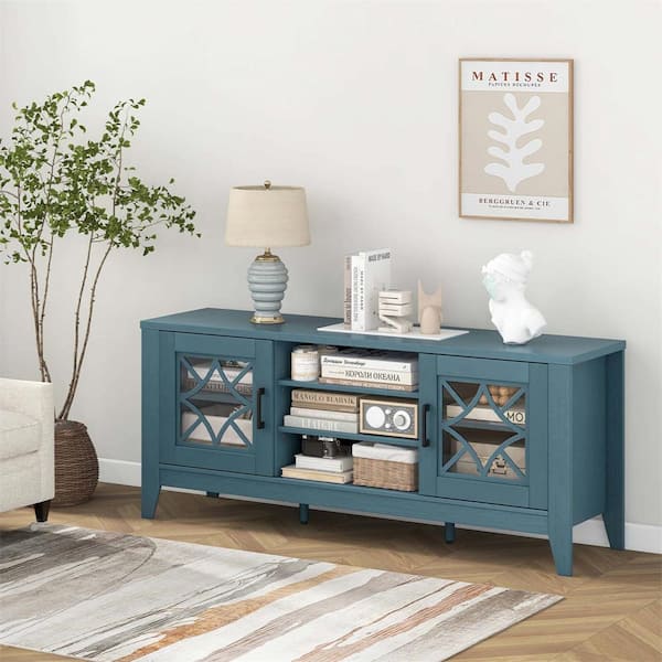 Costway Teal Blue TV Stand Fits TVs up to 65 in. with 3-Position Adjustable Shelves Tempered Glass Doors