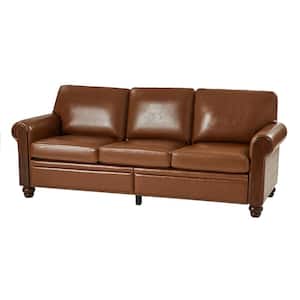 Felipe 81 in. Rolled Arm Faux Leather Rectangle Nail Head Trim Sofa in. Camel