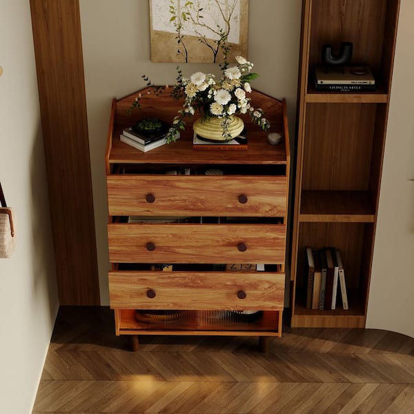 FUFU&GAGA 31.5 in. Length Yellow Wood Grain Rectangle Wood Console Table, Sideboard with 3-Drawer, 2-Shelf, Sliding Glass Doors