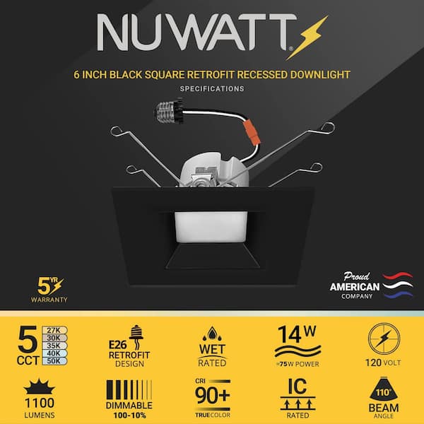 6 in. 14-Watt LED Black Square Retrofit Recessed Housing Light 5 CCT 2700K to 5000K IC Rated Remodel Dimmable (12-Pack)