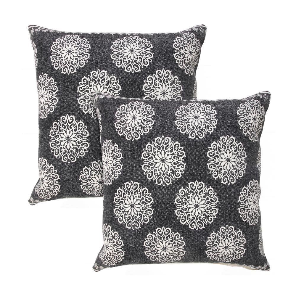 Fantasy Black Floral Stonewashed Hand-Woven 20 in. x 20 in. Indoor Throw Pi