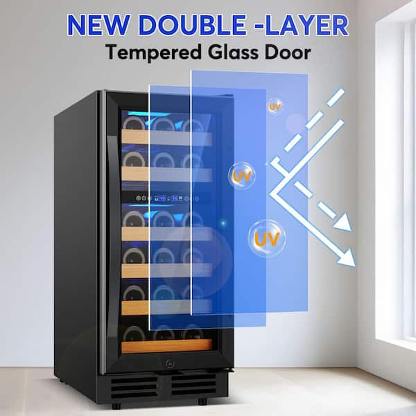 15 in. Dual Zone 30 Bottles Wine Refrigerator w/Reversible Door Hinge Built-in Wine Cooler with 2 Door Handles in Black