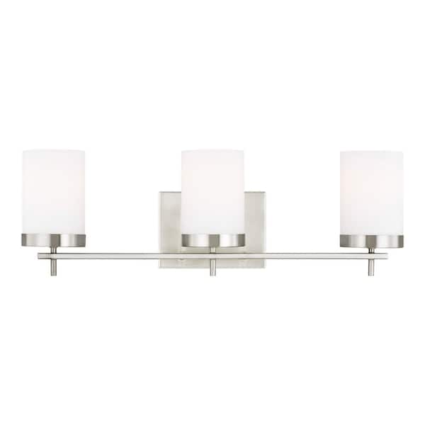 Zire 24 in. W 3-Light Brushed Nickel Bathroom Vanity Light with Etched White Glass Shades
