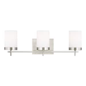Zire 24 in. W 3-Light Brushed Nickel Vanity Light with Etched White Glass Shades with LED Bulbs