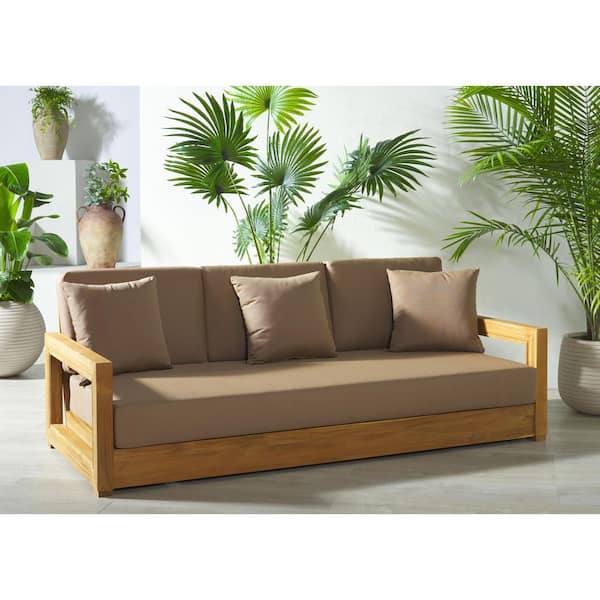 SAFAVIEH Montford 2-Person Teak Outdoor Bench with Brown Cushion