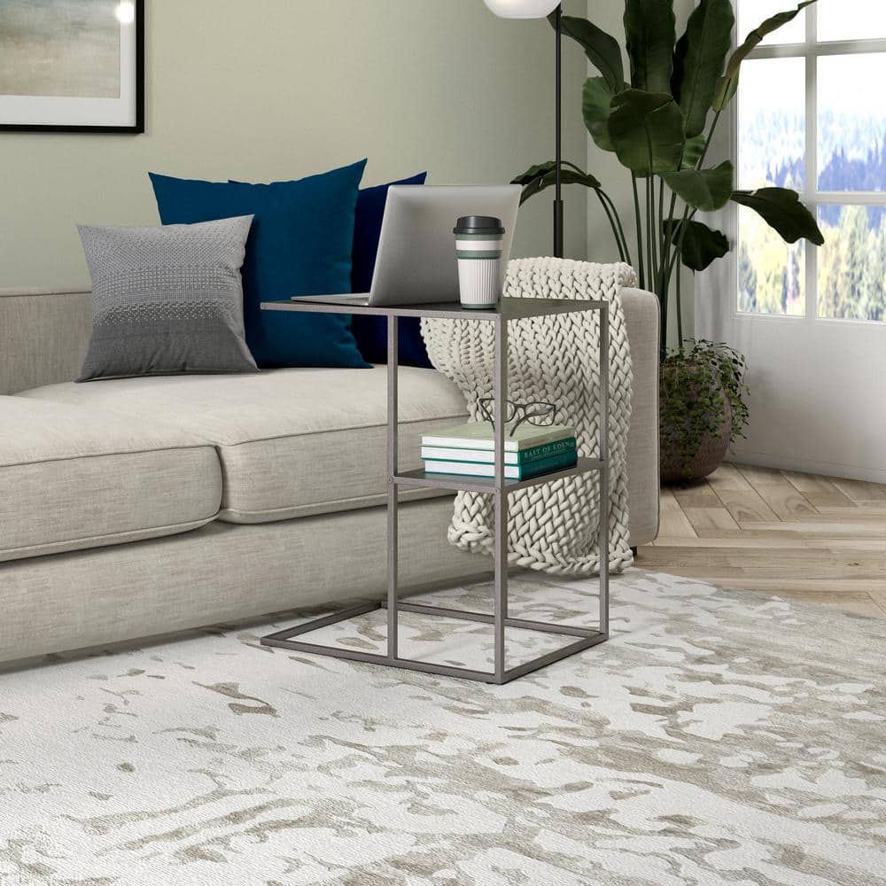 Modern Gunmetal Gray Metal C-Shaped Side Table with Staggered Shelves