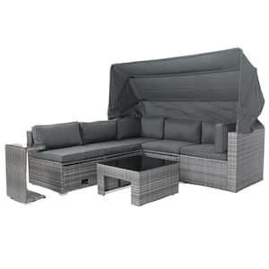 7-Piece PE Wicker Patio Conversation Set Daybed Outdoor Sectional Sofa with Retractable Canopy and Table Gray Cushion