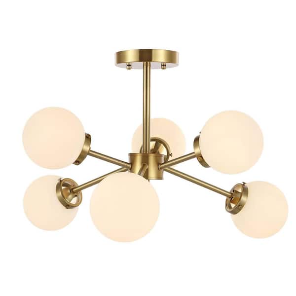 WINGBO 22.6 In. 6-Light Gold Modern Semi-Flush Mount, Sputnik Pedant Light Fixture with Large White Glass Globe Shade