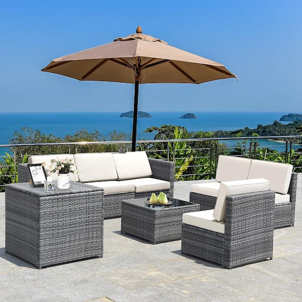 Outdoor Wicker 10-Pieces Sofa Set With Gray Cushions And Storage