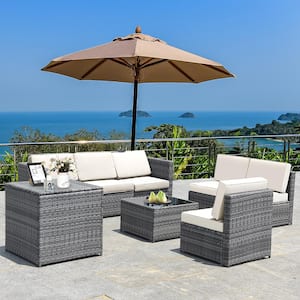 8-Piece Wicker Patio Conversation Set Rattan Furniture Storage Table with White Cushions