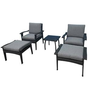 Gray Rattan Plastic Outdoor Ottoman with Cushion Guard Gray Cushion 5-Pack Patio Furniture Set