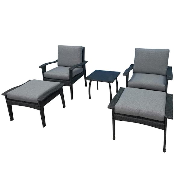ITOPFOX Gray Rattan Plastic Outdoor Ottoman with Cushion Guard Gray Cushion 5-Pack Patio Furniture Set