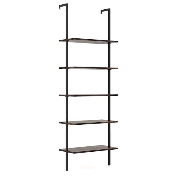 Costway 24 in. W x 12 in. D Brown 5-Tier Ladder Shelf Wall-Mounted Bookshelf Display Storage Organizer Decorative Wall Shelf