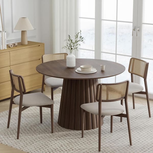 Dovelina 46 in. Walnut Oak Wood Color Column Pedestal Round Kitchen Table Dining Table Seats 4