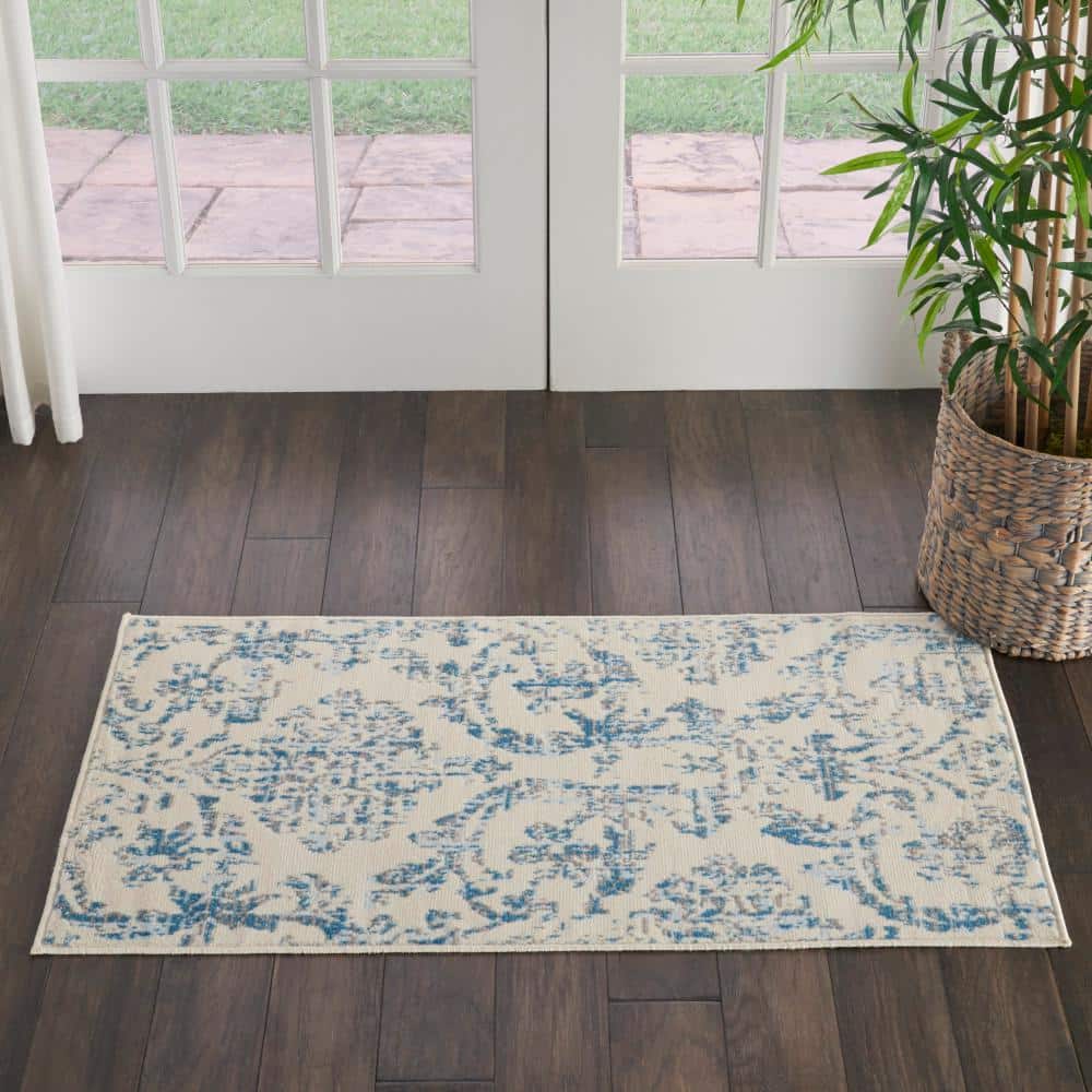 Nourison Jubilant Ivory & Blue Hand-Knotted Spot Rug, 2' x 4'