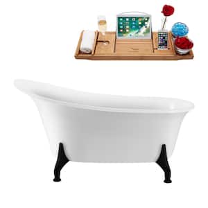 59 in. x 28.3 in. Acrylic Clawfoot Soaking Bathtub in Glossy White with Matte Black Clawfeet and Matte Pink Drain