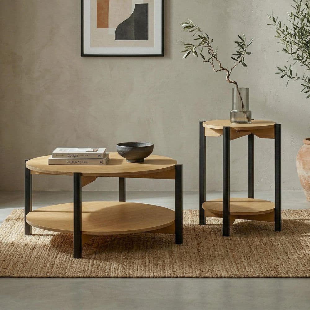 Furniture of America Elix 2-Piece 34.4 in. Oak Round Wood Coffee Table ...