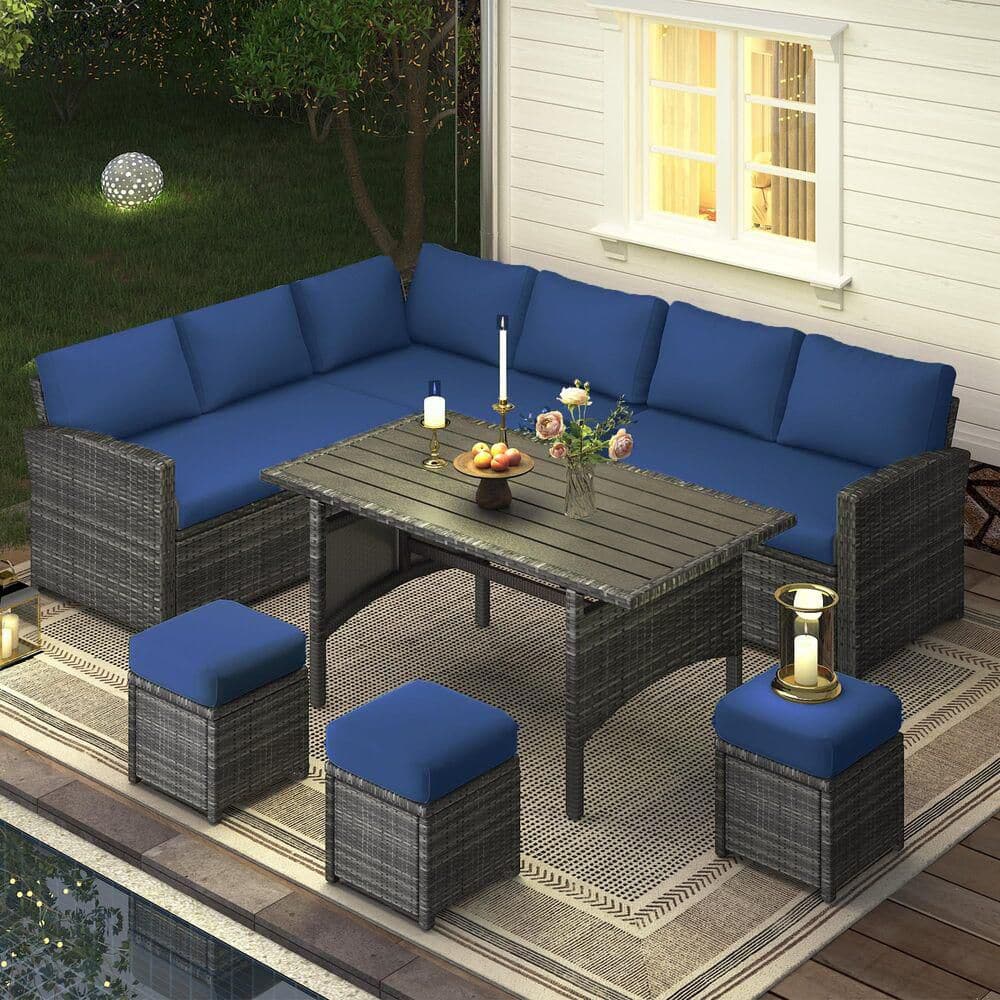 7-Piece Wicker Outdoor Dining Set with Navy Cushions, Patio Rattan Furniture Set for Garden, Backyard and Poolside price history on PriceWatchPro