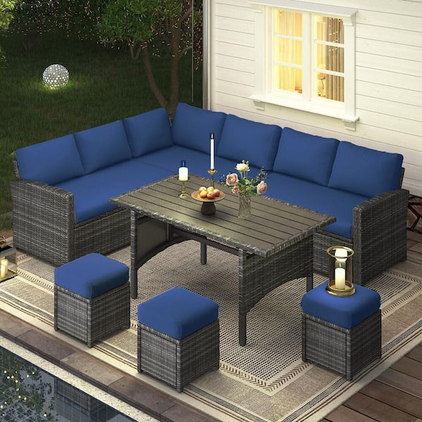 7-Piece Wicker Outdoor Dining Set with Navy Cushions, Patio Rattan Furniture Set for Garden, Backyard and Poolside