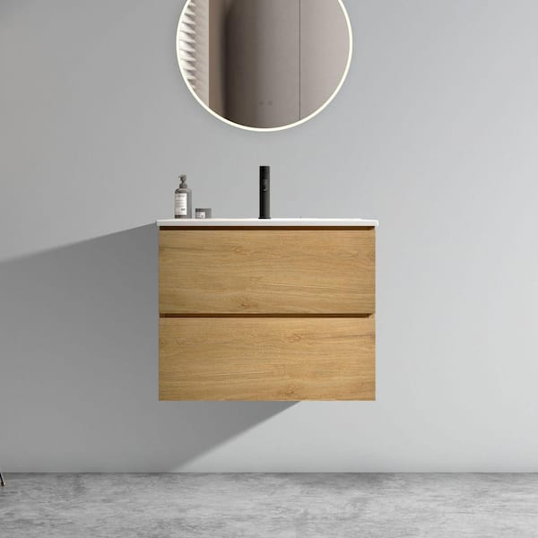 24 in. W x 18 in. D x 21 in. H Single Sink Wall-Mounted Bath Vanity in Natural Oak with White Ceramic Top