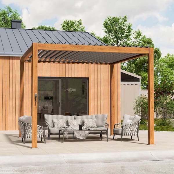 JOYESERY 10 ft. x 10 ft. Modern Aluminum Frame Pergola for Outdoor Garden with Adjustable Louvered Roof, Wood Grain