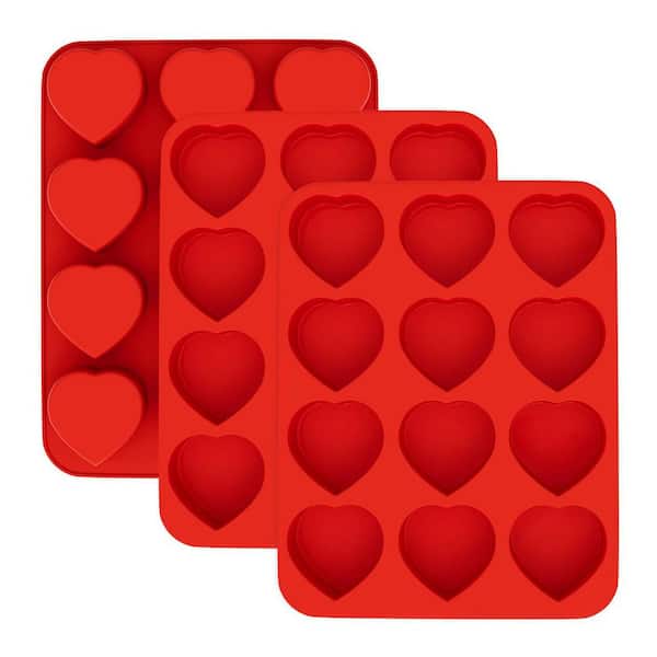 Heart Series Red Silicone Non-Stick Heart Shaped Mold Set with 12-Cavity Design for Chocolate Soap Candy 3-Piece