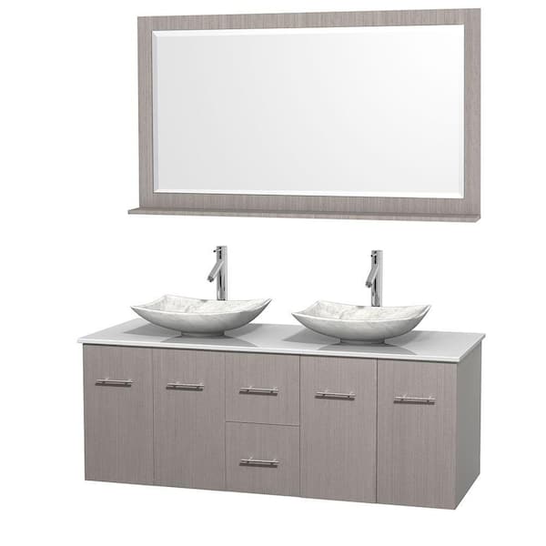 Wyndham Collection Centra 60 in. Double Vanity in Gray Oak with Solid-Surface Vanity Top in White, Carrara Marble Sinks and 58 in. Mirror