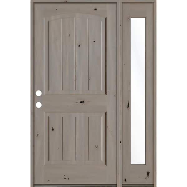 Krosswood Doors 56 in. x 80 in. Rustic knotty alder 2 Panel Right-Hand/Inswing Clear Glass Grey Stain Wood Prehung Front Door with RFSL