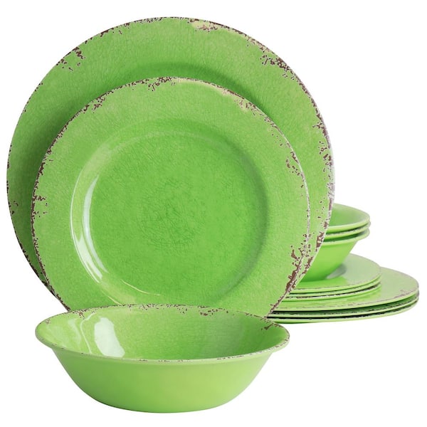 Laurie Gates California Designs Mauna 12-Piece Melamine Dinnerware Set in Crackle Green
