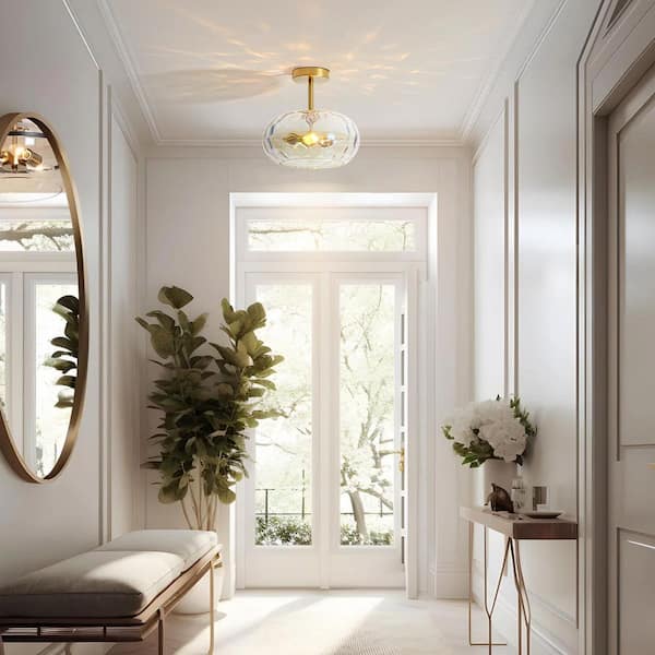 Austin 11.8 in. 2-Light Modern Gold Ceiling Light Drum Iridescent Water Ripple Glass Semi-Flush Mount Light