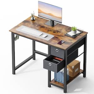 40 in. Rectangular Rust Wood Computer Desk with 2-Tier Drawers Storage Shelf and Side Headphone Hook for Small Spaces
