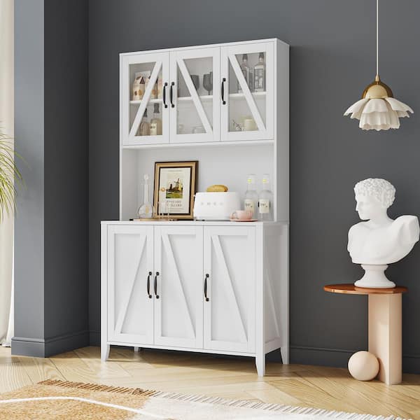 Large Kitchen Pantry Storage Cabinet with Glass Doors, Drawers and Open Shelves, Freestanding Buffet Cabinet in White