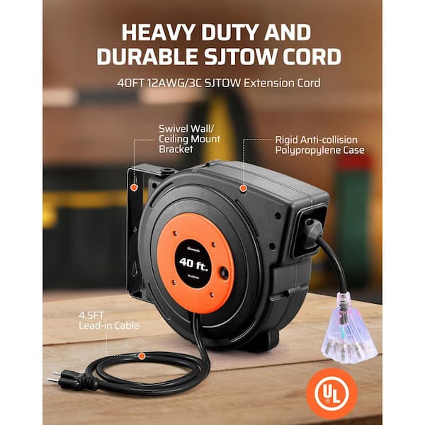 40 ft. 12/3 SJTOW 15 Amp Retractable Extension Cord Reel with 3 Grounded Outlets and Lighted Triple Tap