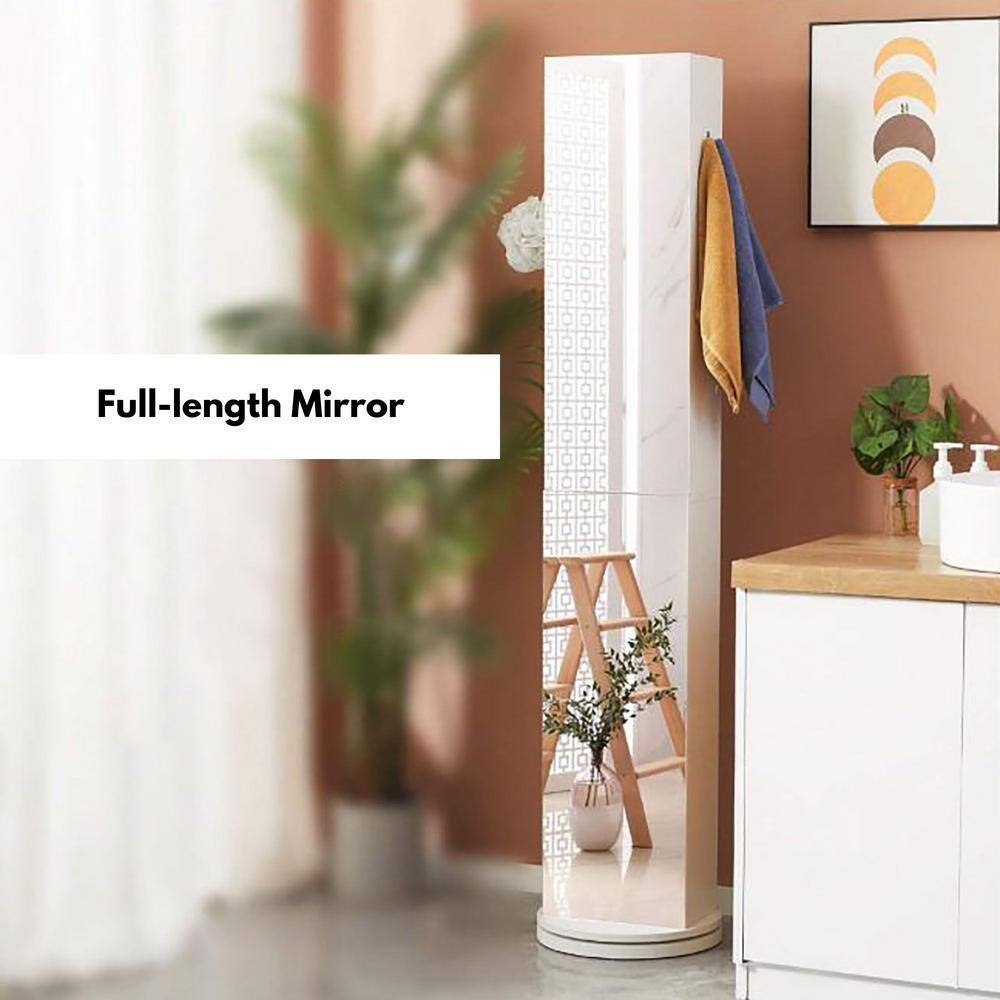 White Rotating Bathroom Storage Cabinet with Full-Length Mirror